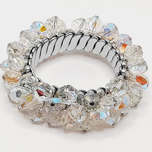 Vintage Aurora Borealis Crystal Cha-Cha Stretch Bracelet 10mm Beads - Picture 10 of 10